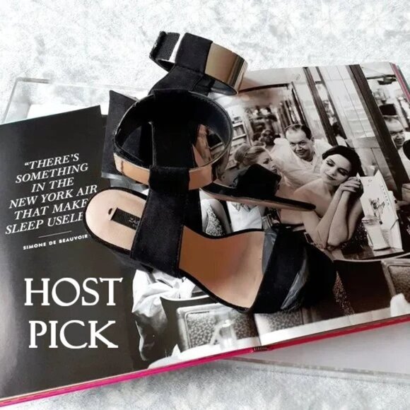 EUC Zara Basic black suede gold accent block heel sandal, 36 - Picture 3 of 11